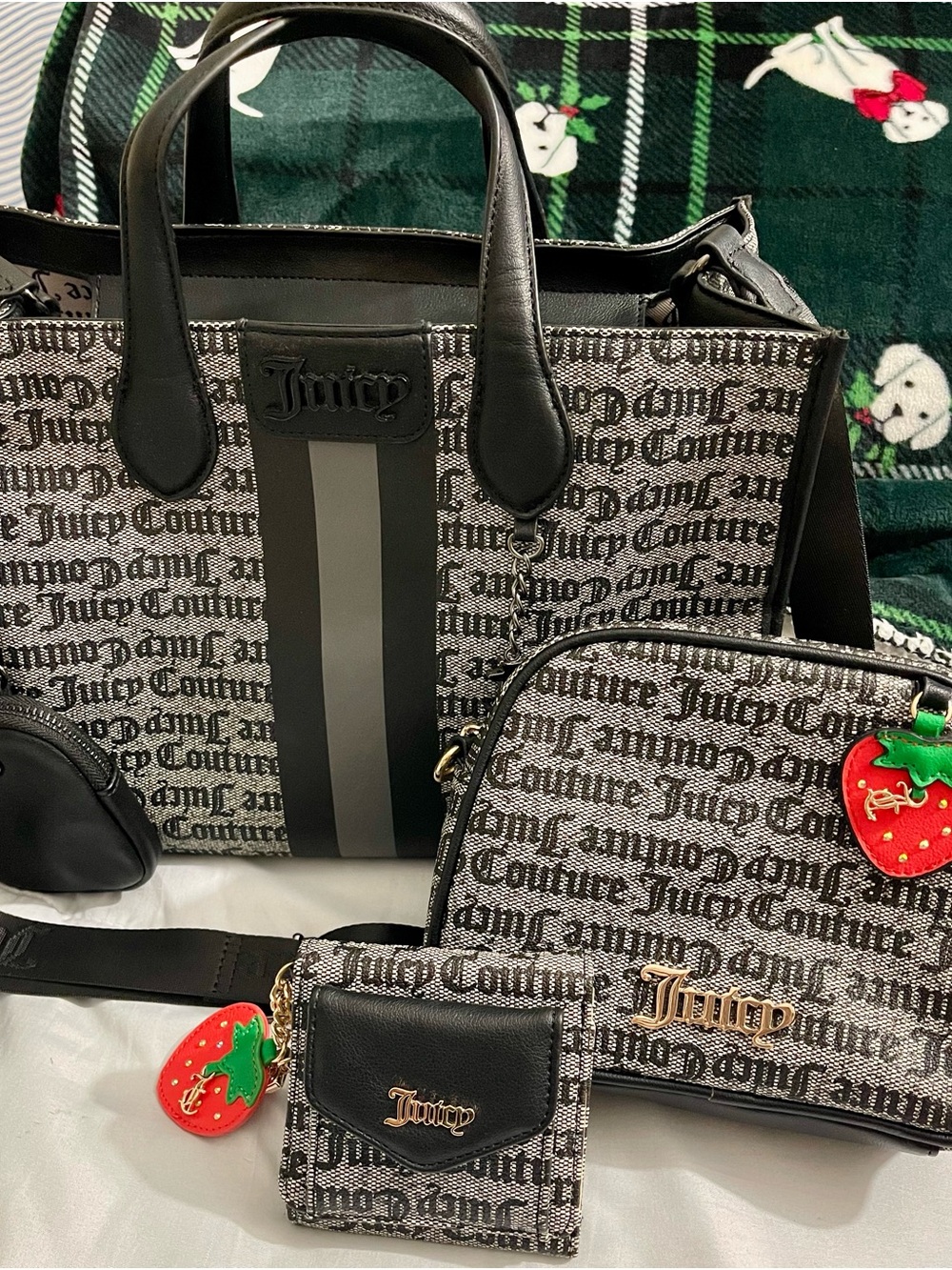 Juicy Couture Black and Gray Logo Tote with Matching Wallets